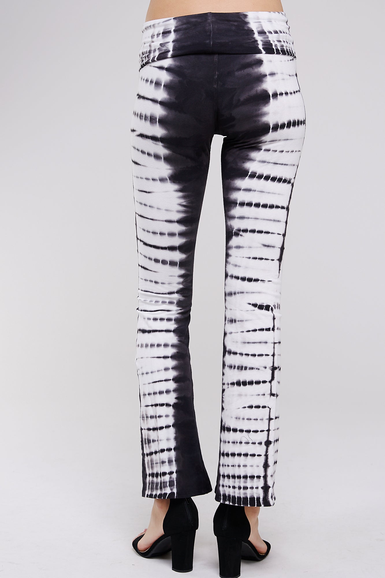 Tie Dye Print Yoga Pants - Women's Casual Fold Over Waistband Flared Leg Stretch
