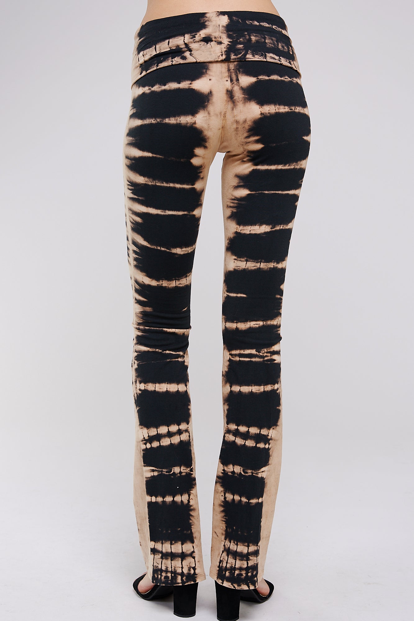 Fold Over Tie Dye Print Yoga Pants - Black and Mocha Skeletal Tie Dye