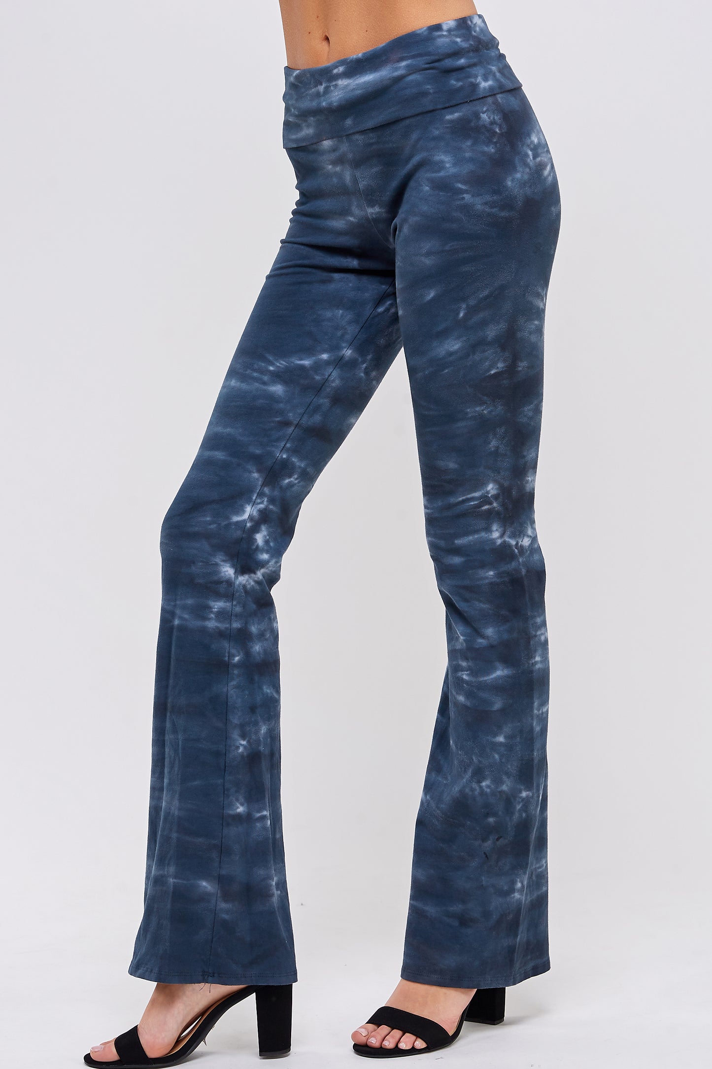 Tie Dye Yoga Pants, Urban X Denim Blue Two Tone Crystal Wave Fold Over