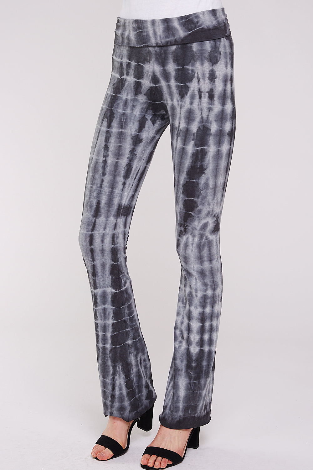 Tie Dye Yoga Pants, Black and Gray Bamboo Fold Over Waisband