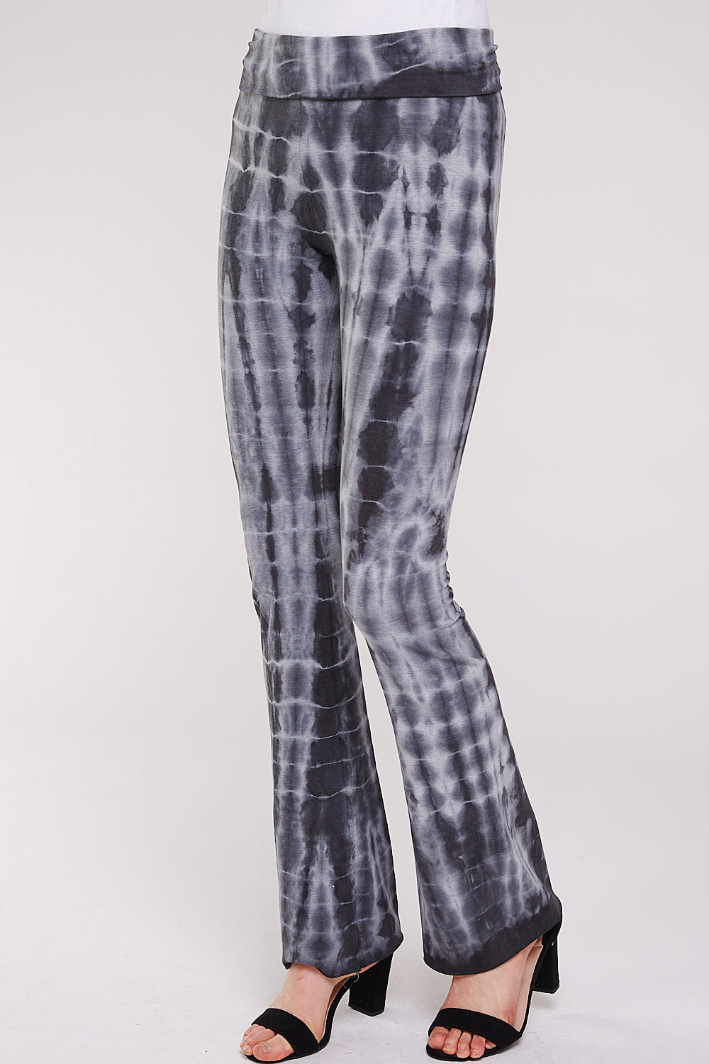 Tie Dye Yoga Pants, Black and Gray Bamboo Fold Over Waisband