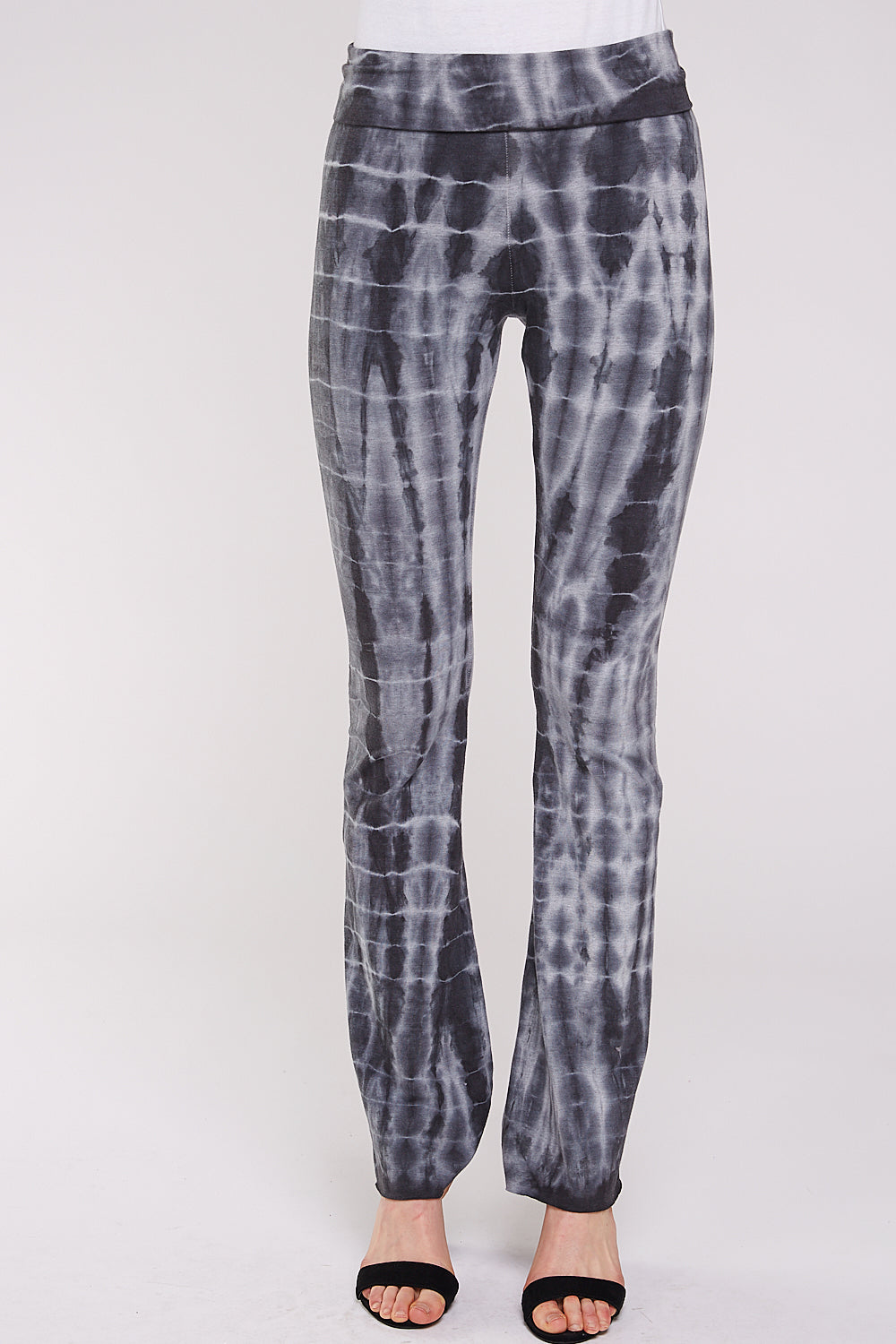 Tie Dye Yoga Pants, Black and Gray Bamboo Fold Over Waisband
