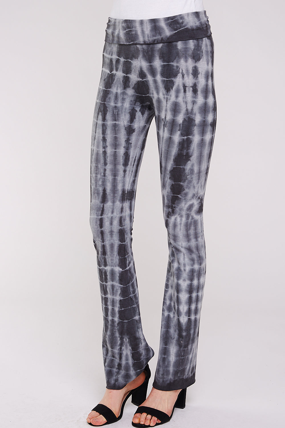 Tie Dye Yoga Pants, Black and Gray Bamboo Fold Over Waisband