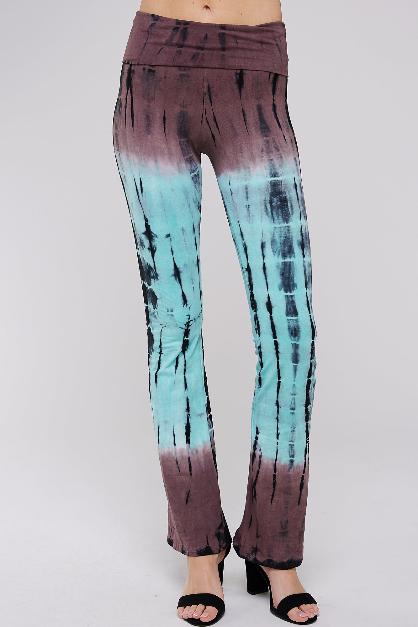 Two-Tone Mocha Mint Bamboo w/ Fold Over Band Tie-Dye Yoga Pants