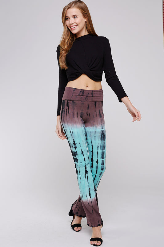 Two-Tone Mocha Mint Bamboo w/ Fold Over Band Tie-Dye Yoga Pants