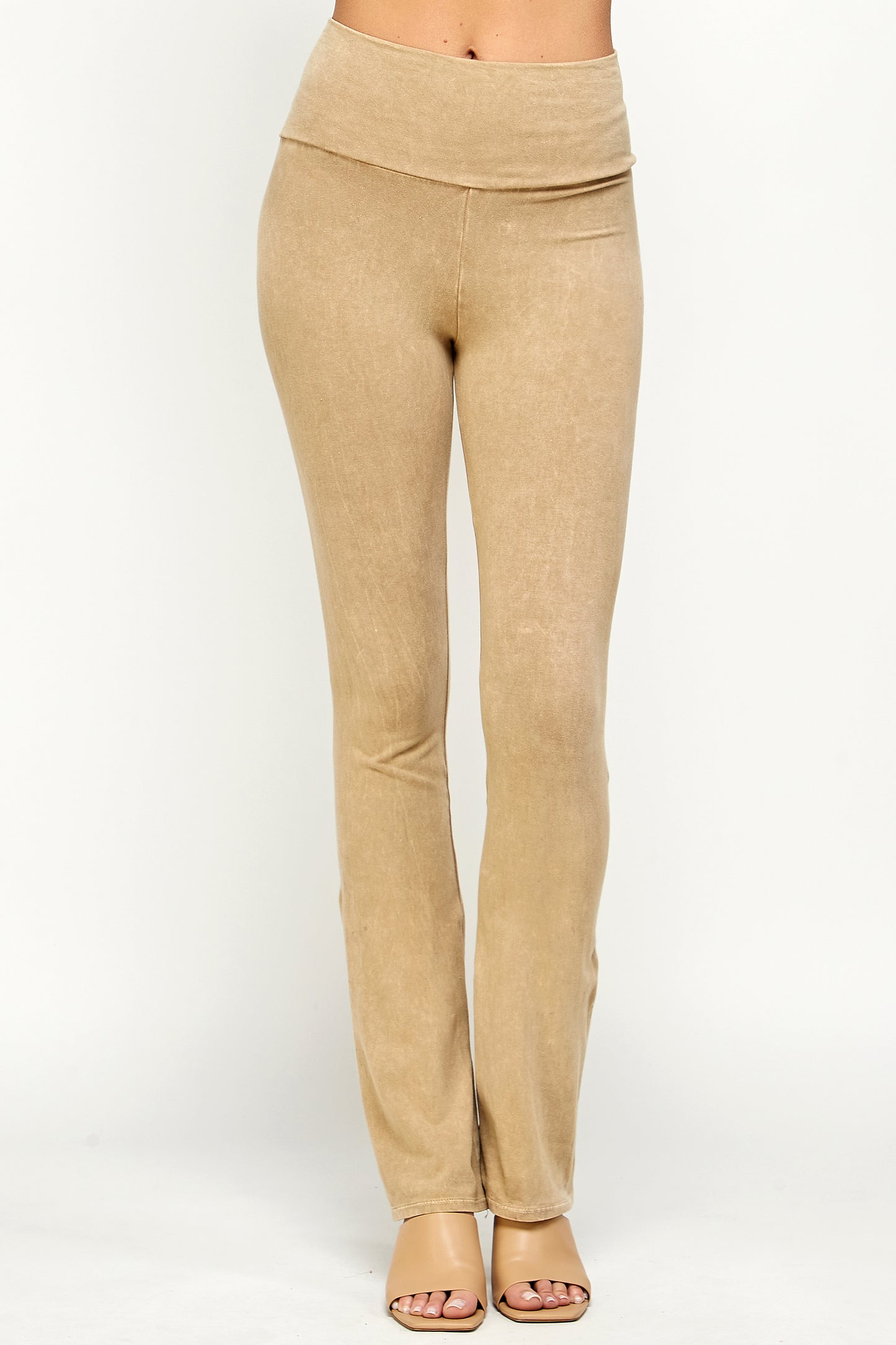 Mineral Wash Yoga Pants - Women's Casual Fold Over Waistband Flared Leg