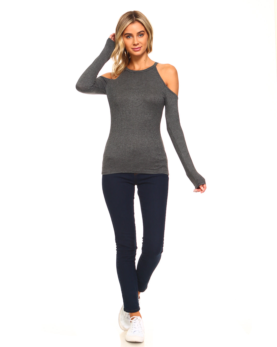 Casual Cold Shoulder Top For Women - Mock Neck Fitted Long Sleeve Top
