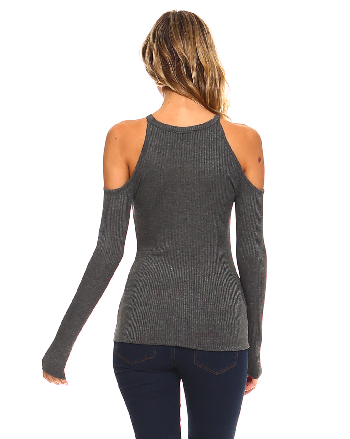 Casual Cold Shoulder Top For Women - Mock Neck Fitted Long Sleeve Top