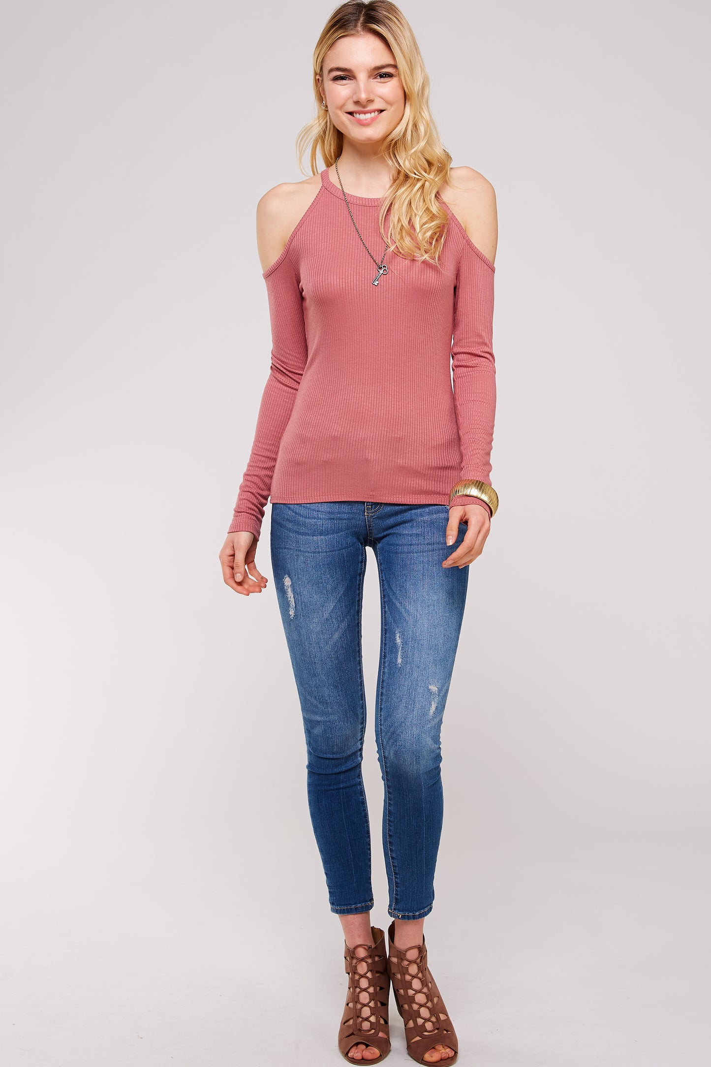Casual Cold Shoulder Top For Women - Mock Neck Fitted Long Sleeve Top