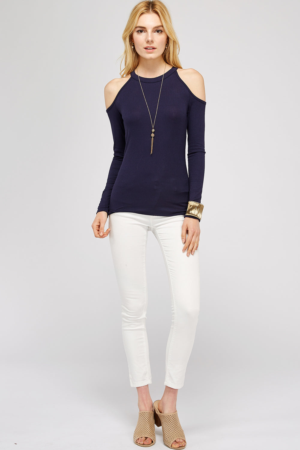 Casual Cold Shoulder Top For Women - Mock Neck Fitted Long Sleeve Top