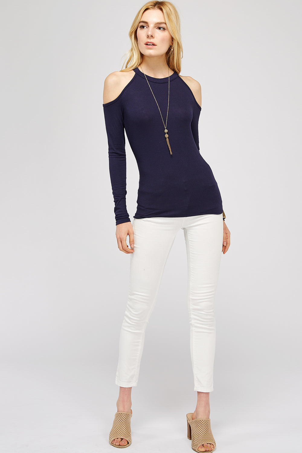 Casual Cold Shoulder Top For Women - Mock Neck Fitted Long Sleeve Top