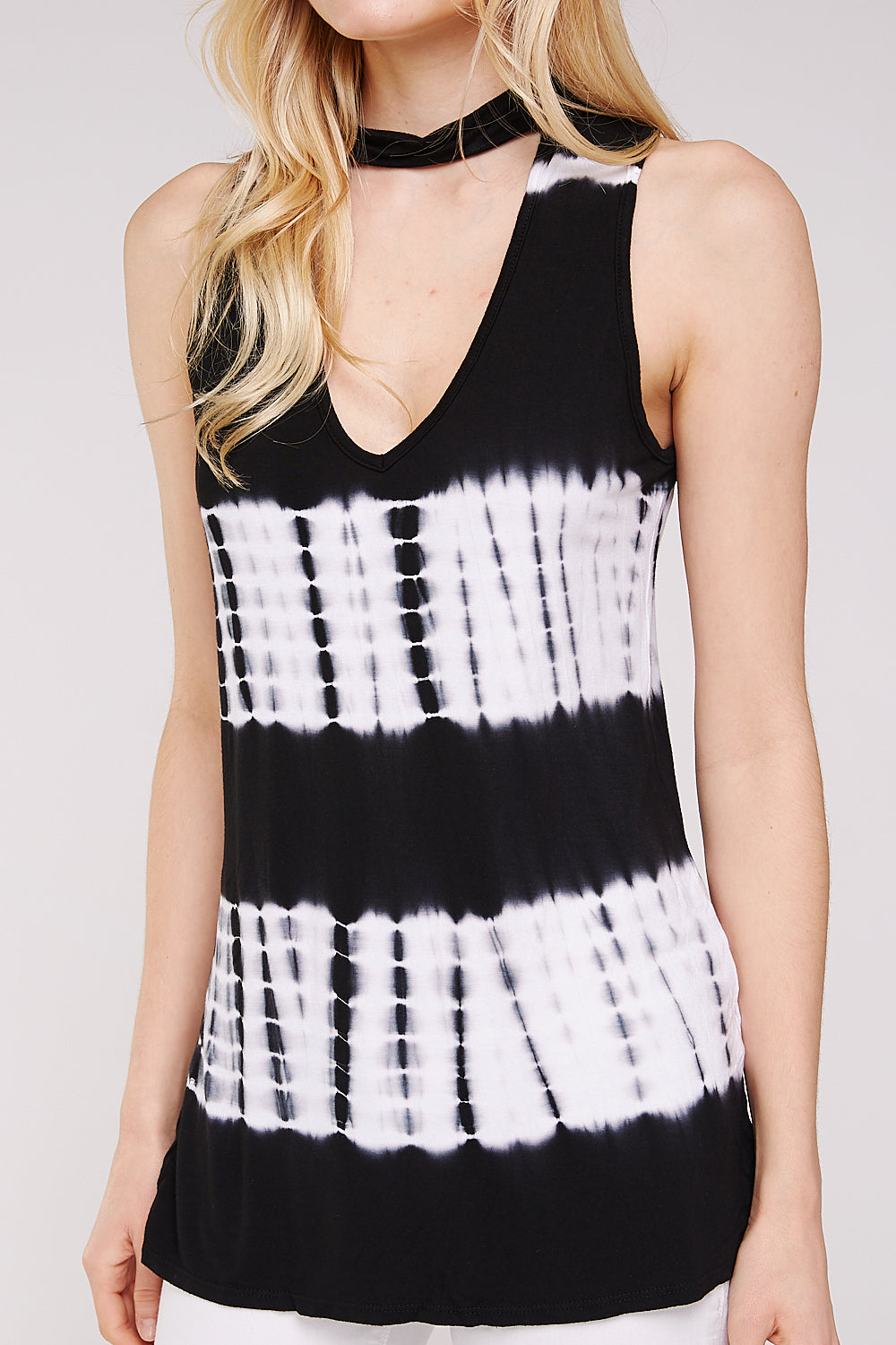Black and White Bamboo Tie Dye Mock Neck Women's Top