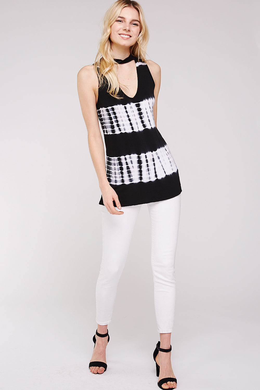 Black and White Bamboo Tie Dye Mock Neck Women's Top