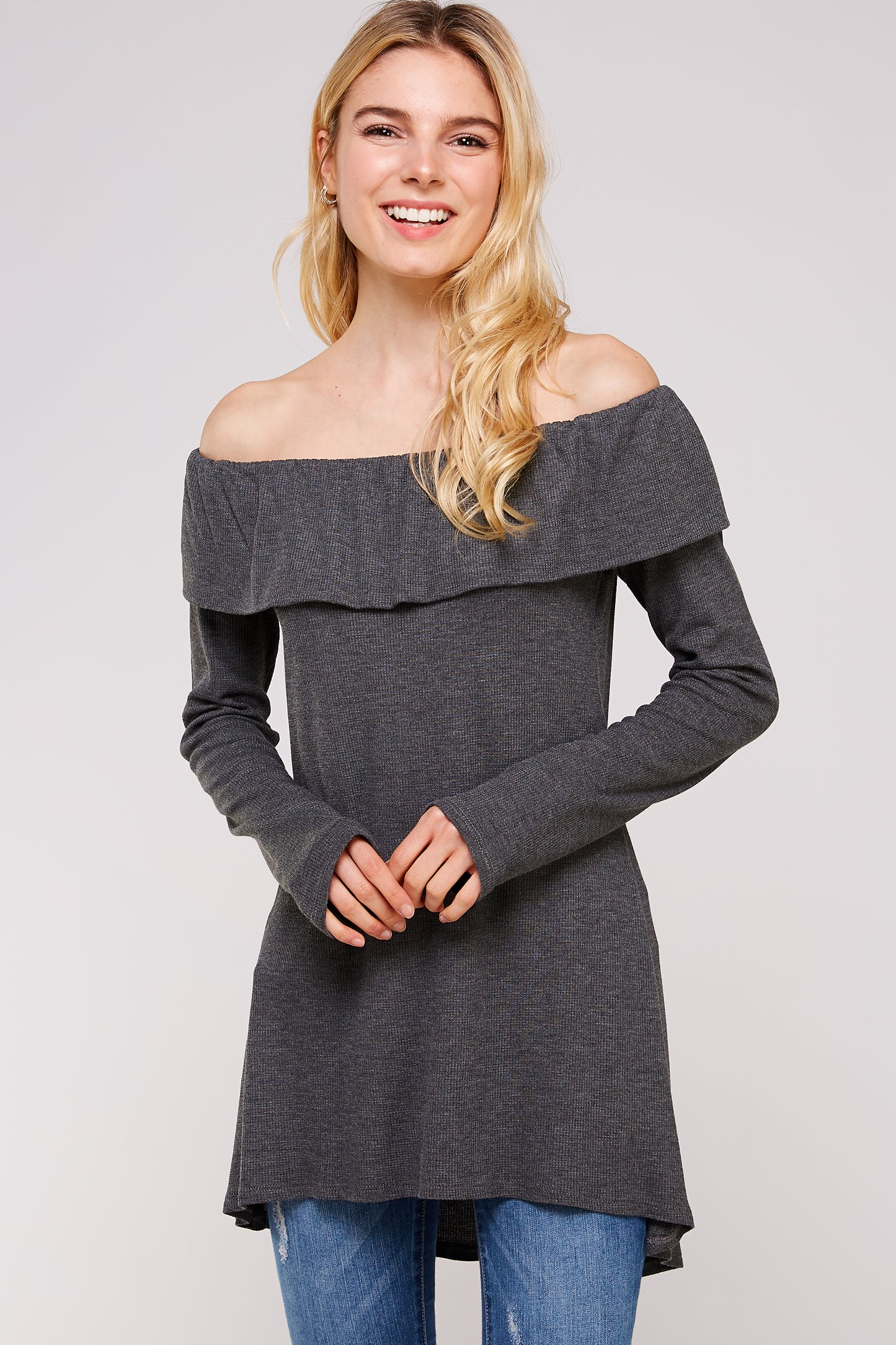 Women’s Casual Tunic Top – Off Shoulder Hi-Low Long Sleeve Ribbed Knit Thermal Sweater T Shirts