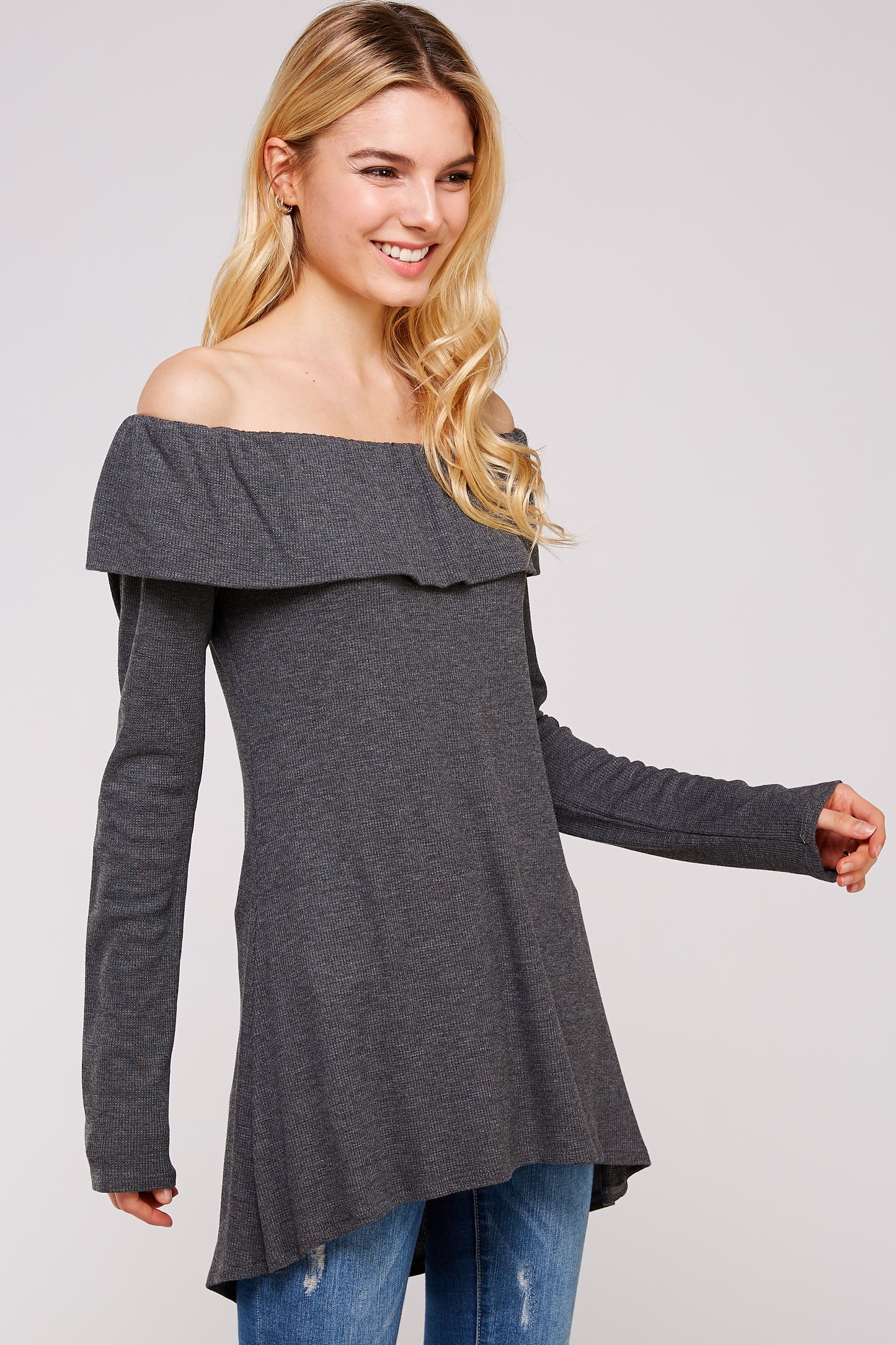 Women’s Casual Tunic Top – Off Shoulder Hi-Low Long Sleeve Ribbed Knit Thermal Sweater T Shirts