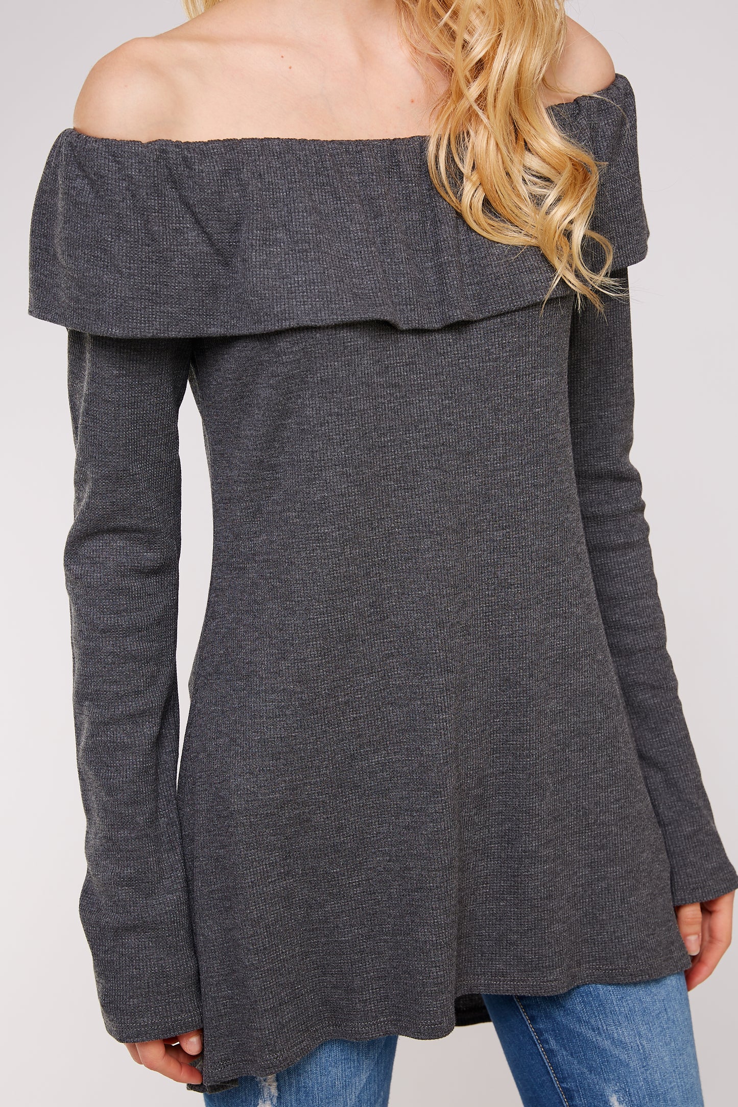 Women’s Casual Tunic Top – Off Shoulder Hi-Low Long Sleeve Ribbed Knit Thermal Sweater T Shirts