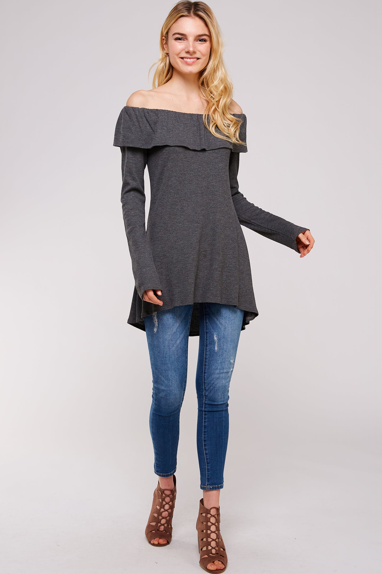 Women’s Casual Tunic Top – Off Shoulder Hi-Low Long Sleeve Ribbed Knit Thermal Sweater T Shirts