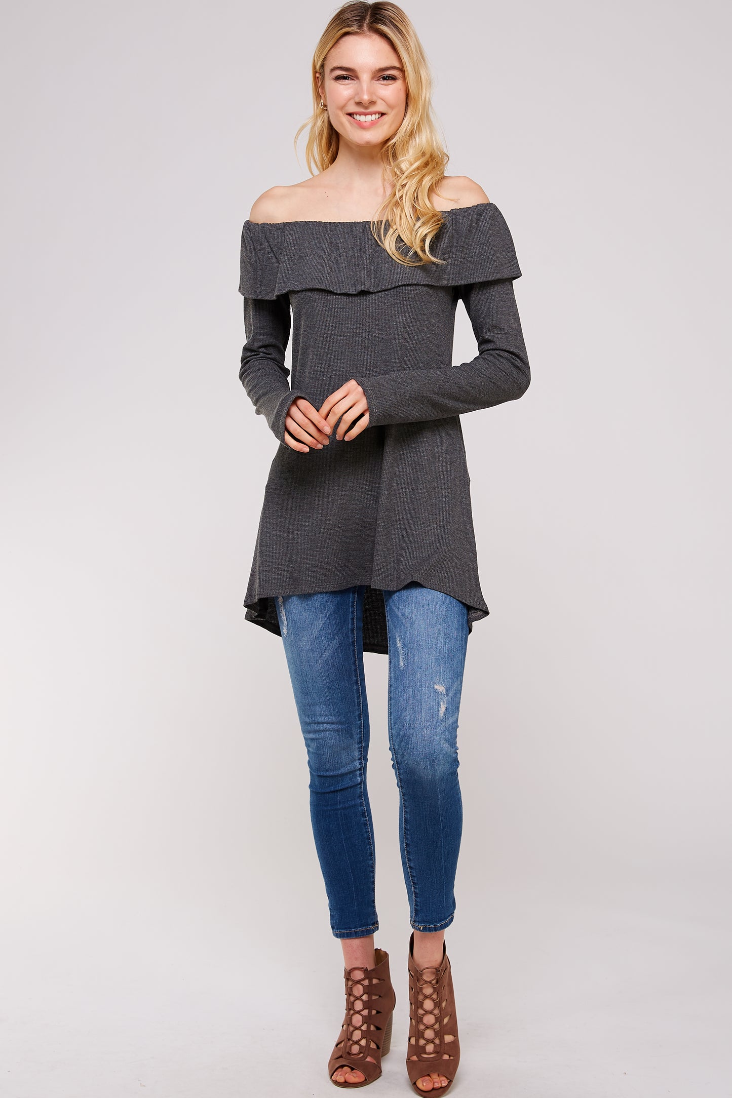 Women’s Casual Tunic Top – Off Shoulder Hi-Low Long Sleeve Ribbed Knit Thermal Sweater T Shirts