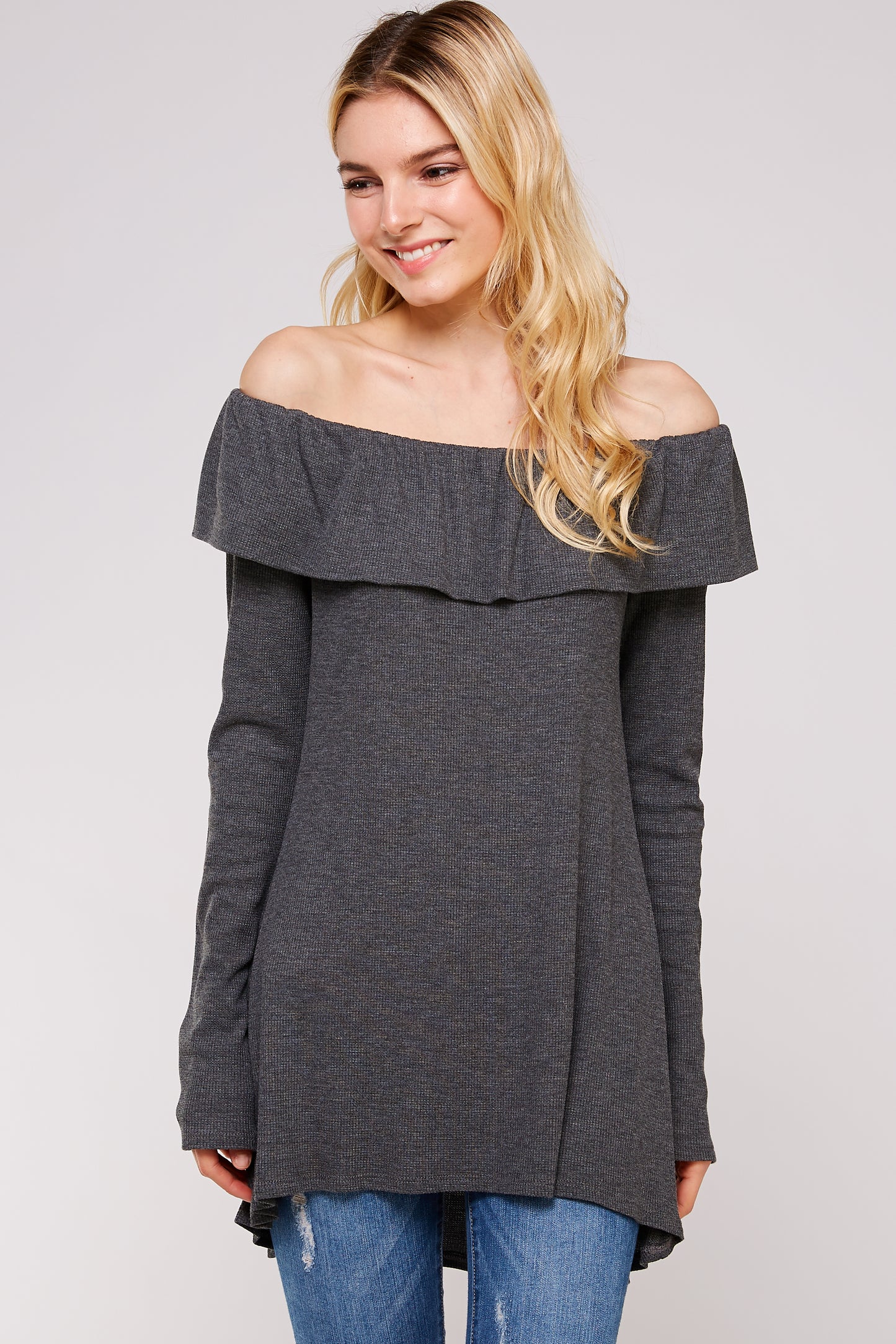 Women’s Casual Tunic Top – Off Shoulder Hi-Low Long Sleeve Ribbed Knit Thermal Sweater T Shirts
