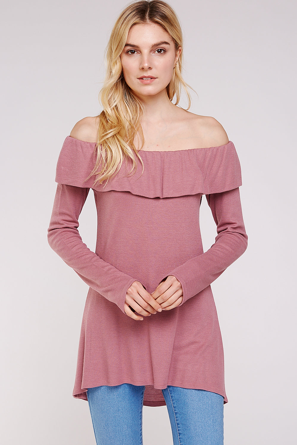 Women’s Casual Tunic Top – Off Shoulder Hi-Low Long Sleeve Ribbed Knit Thermal Sweater T Shirts