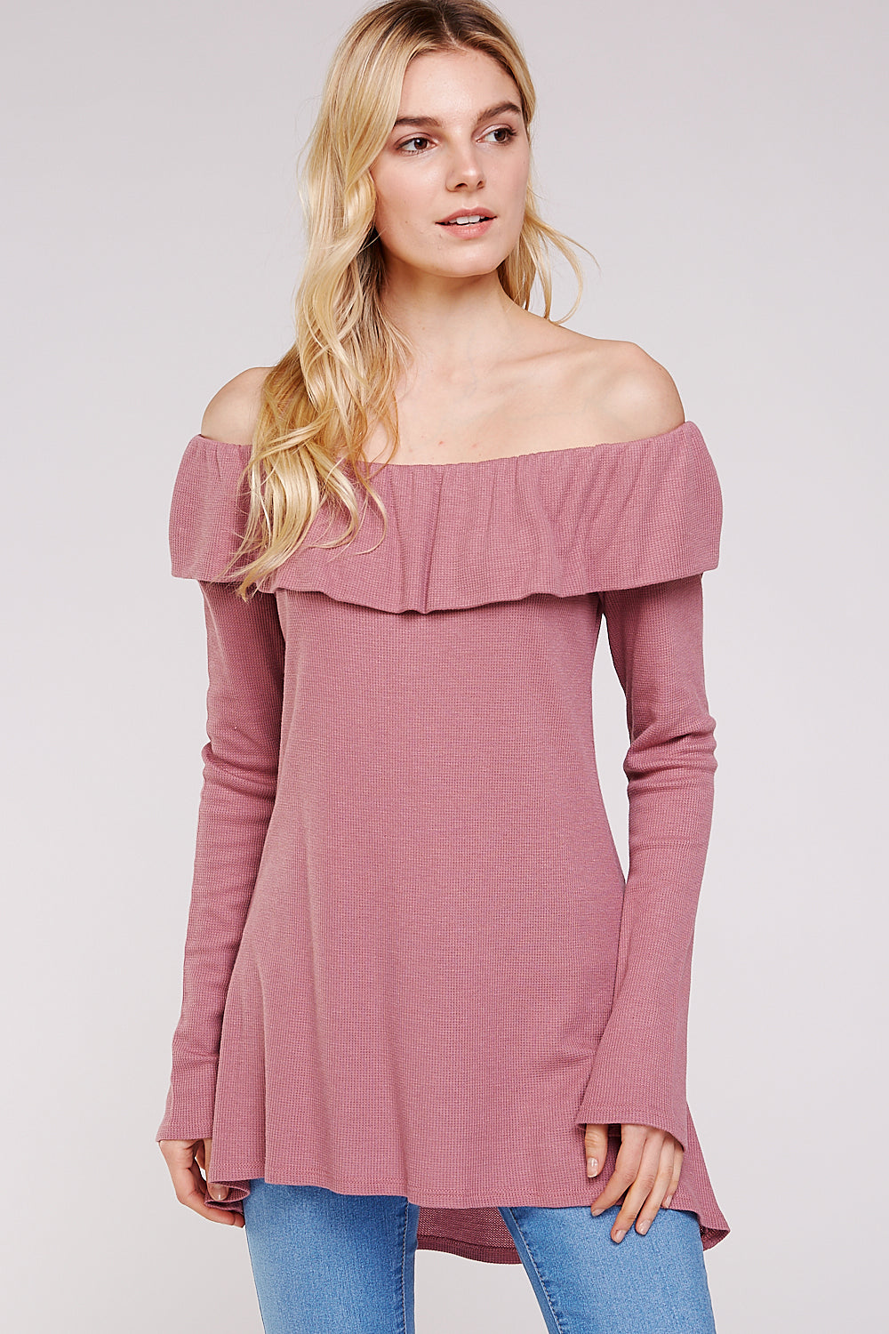 Women’s Casual Tunic Top – Off Shoulder Hi-Low Long Sleeve Ribbed Knit Thermal Sweater T Shirts