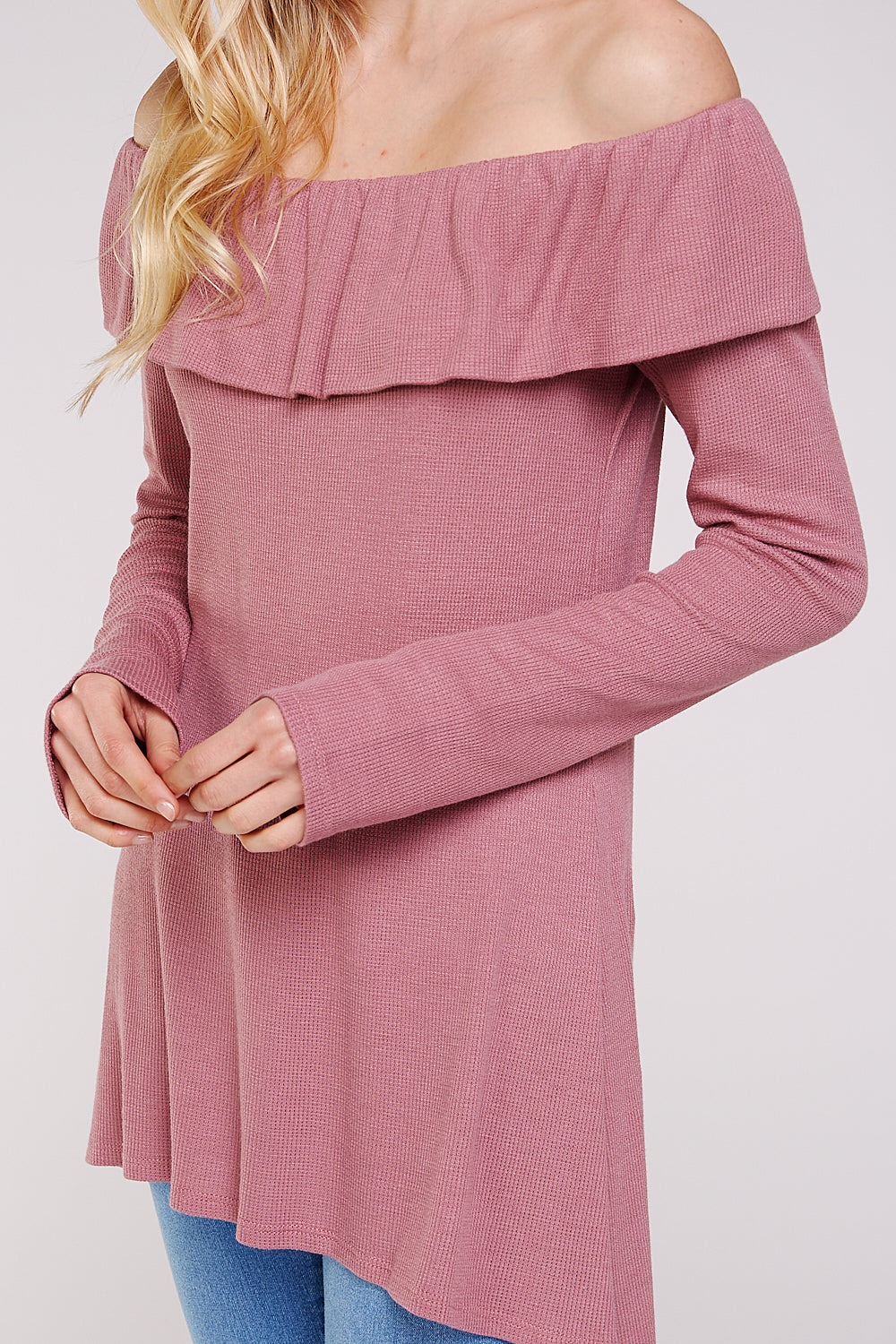 Women’s Casual Tunic Top – Off Shoulder Hi-Low Long Sleeve Ribbed Knit Thermal Sweater T Shirts