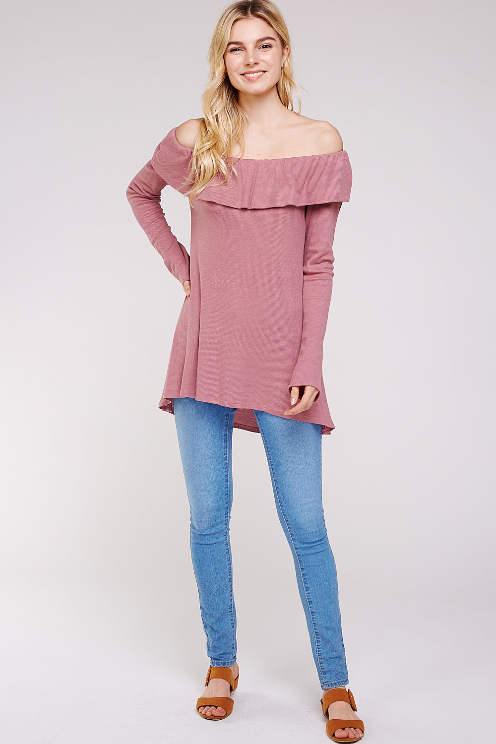 Women’s Casual Tunic Top – Off Shoulder Hi-Low Long Sleeve Ribbed Knit Thermal Sweater T Shirts