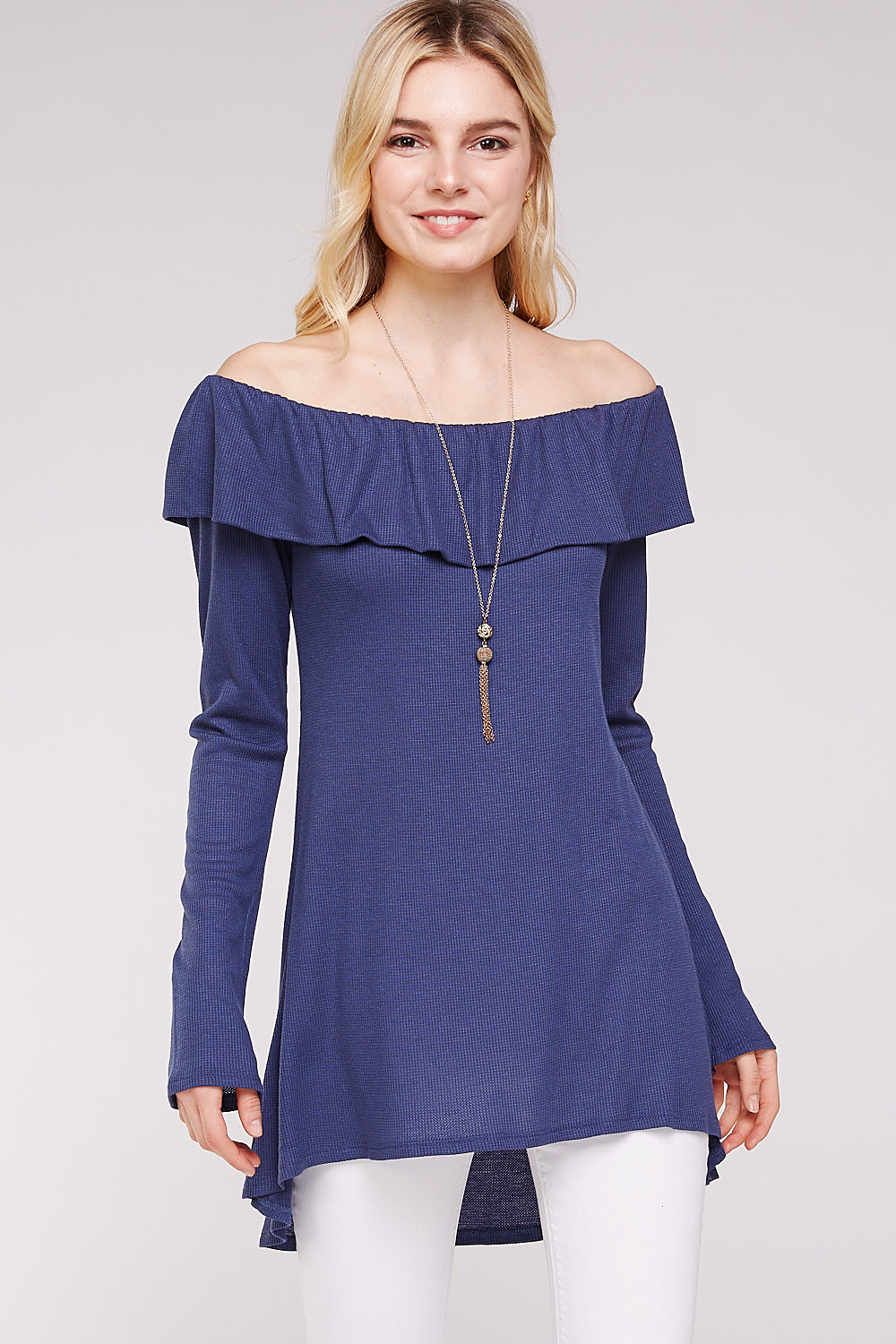 Women’s Casual Tunic Top – Off Shoulder Hi-Low Long Sleeve Ribbed Knit Thermal Sweater T Shirts