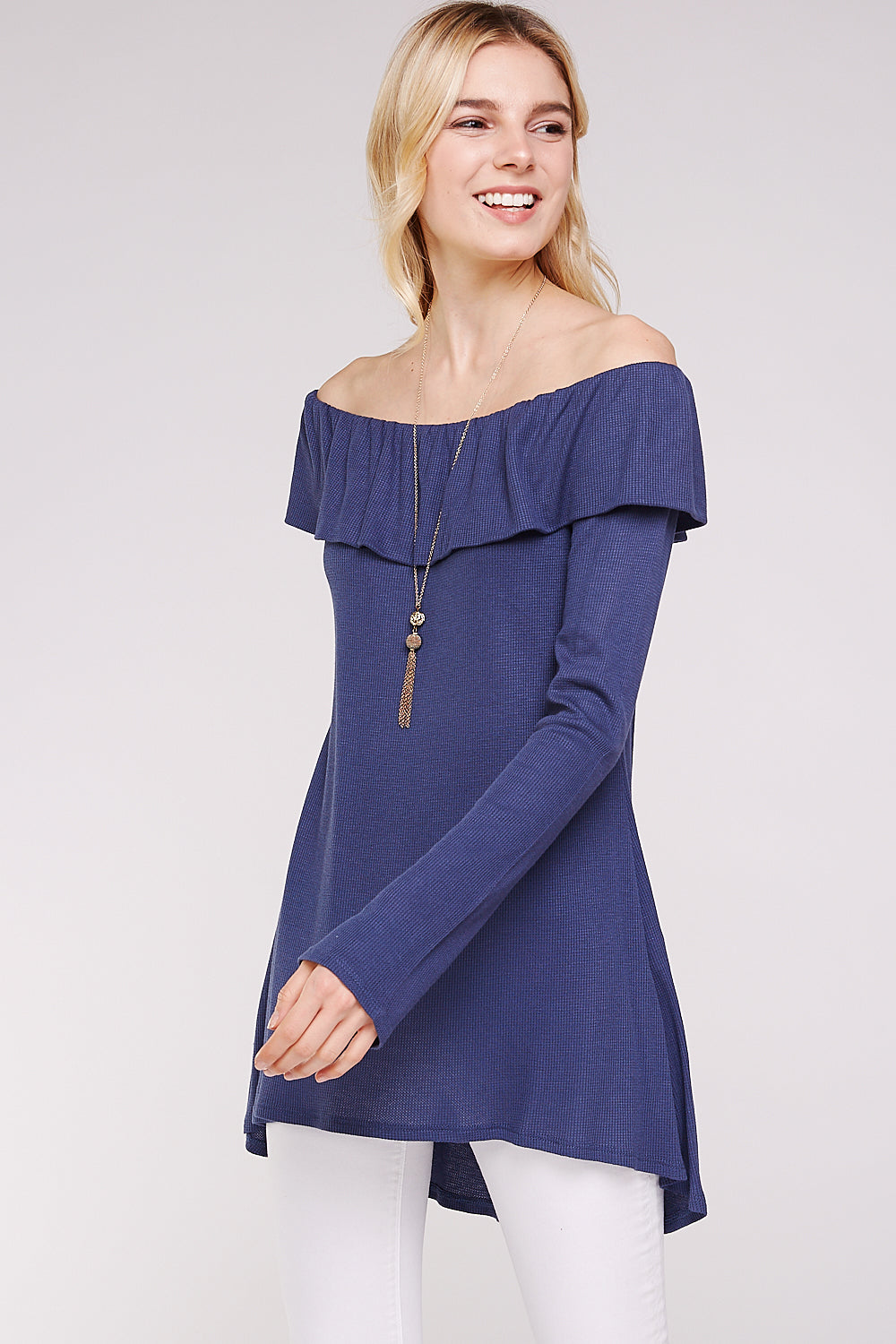 Women’s Casual Tunic Top – Off Shoulder Hi-Low Long Sleeve Ribbed Knit Thermal Sweater T Shirts