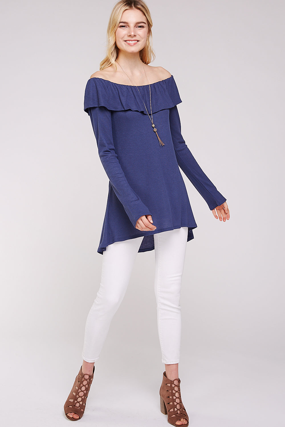 Women’s Casual Tunic Top – Off Shoulder Hi-Low Long Sleeve Ribbed Knit Thermal Sweater T Shirts
