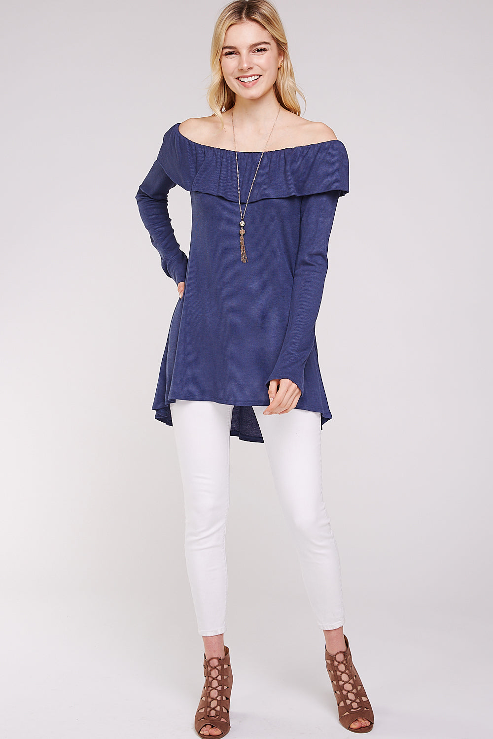Women’s Casual Tunic Top – Off Shoulder Hi-Low Long Sleeve Ribbed Knit Thermal Sweater T Shirts