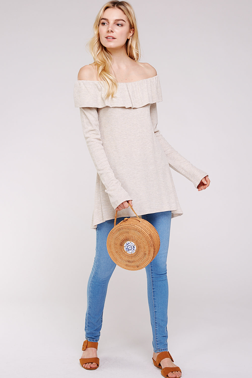 Women’s Casual Tunic Top – Off Shoulder Hi-Low Long Sleeve Ribbed Knit Thermal Sweater T Shirts