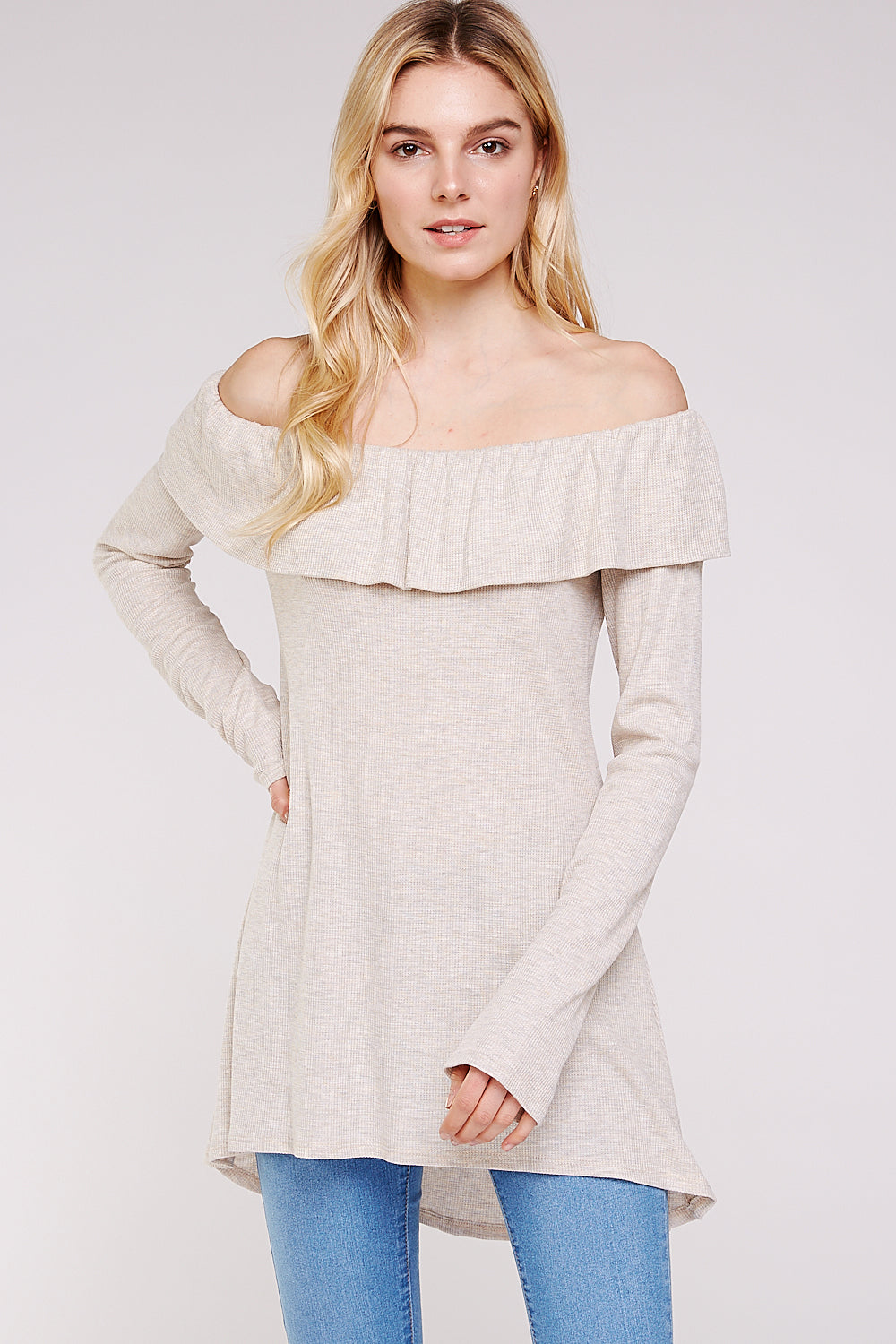 Women’s Casual Tunic Top – Off Shoulder Hi-Low Long Sleeve Ribbed Knit Thermal Sweater T Shirts