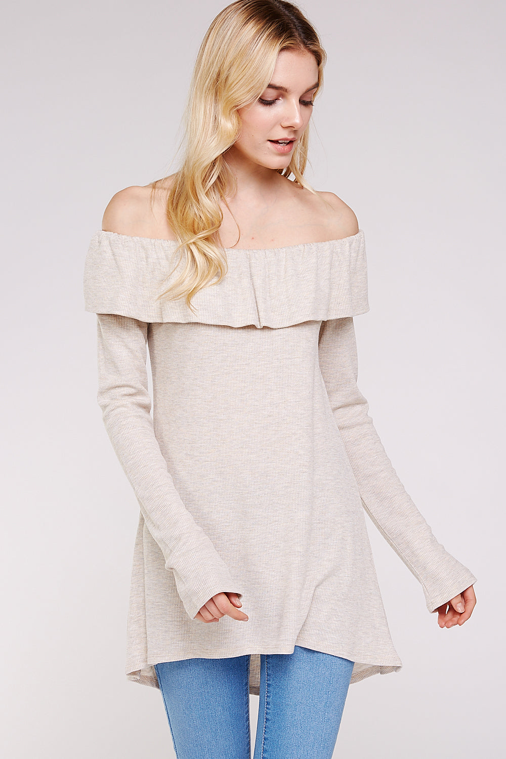 Women’s Casual Tunic Top – Off Shoulder Hi-Low Long Sleeve Ribbed Knit Thermal Sweater T Shirts