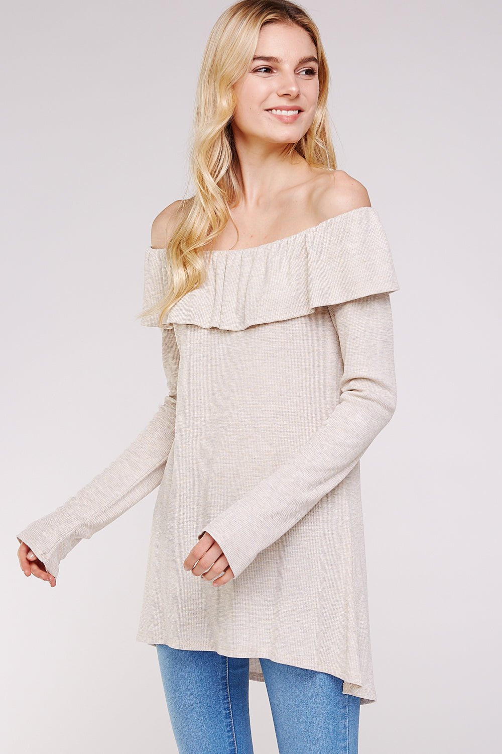 Women’s Casual Tunic Top – Off Shoulder Hi-Low Long Sleeve Ribbed Knit Thermal Sweater T Shirts