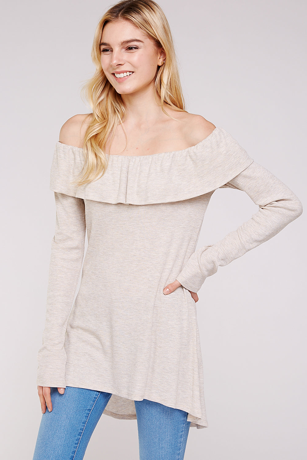 Women’s Casual Tunic Top – Off Shoulder Hi-Low Long Sleeve Ribbed Knit Thermal Sweater T Shirts