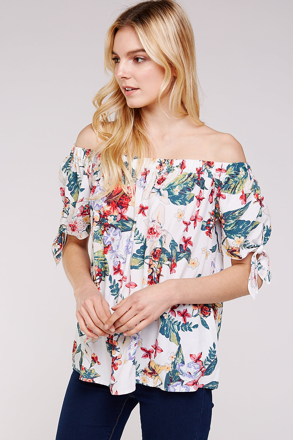 Floral Off the Shoulder Flowy Blouse with Keyhole Ribbon Knot Sleeves