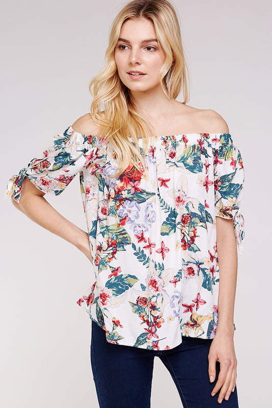 Floral Off the Shoulder Flowy Blouse with Keyhole Ribbon Knot Sleeves