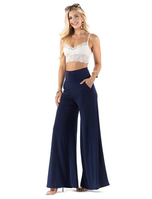 Navy  - High Waist Solid Palazzo Pants