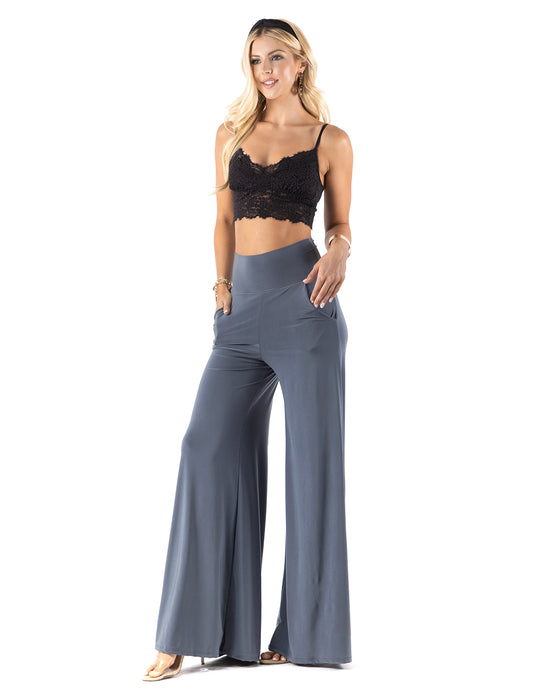 Slate Grey - High Waist Solid Palazzo Pants