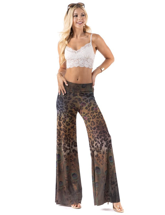 High Waist Palazzo Pants with Animal and Feather Print