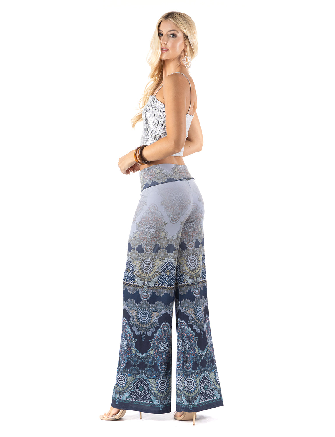 High Waist Palazzo Pants with Blue Ornament Tribal Print