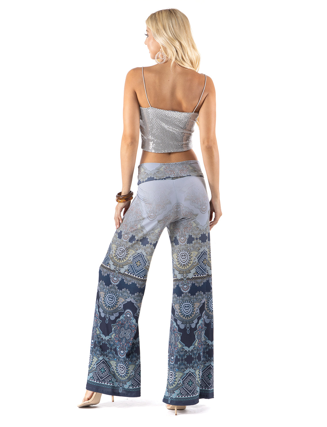 High Waist Palazzo Pants with Blue Ornament Tribal Print