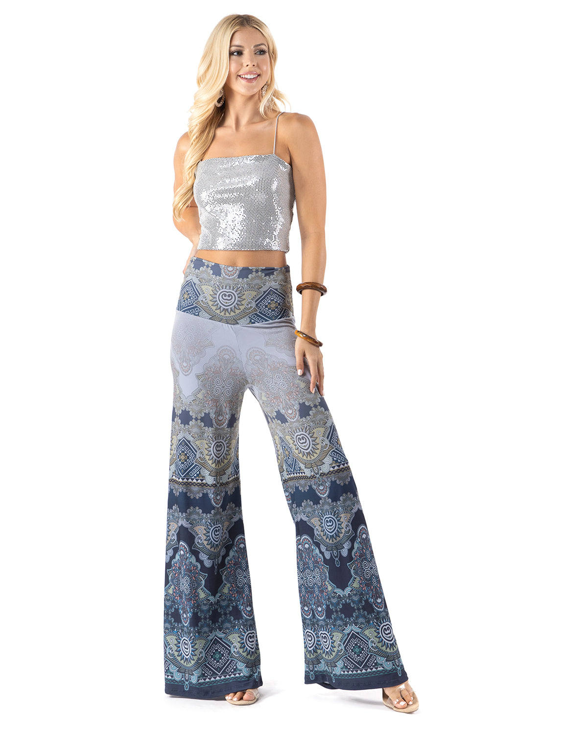 High Waist Palazzo Pants with Blue Ornament Tribal Print