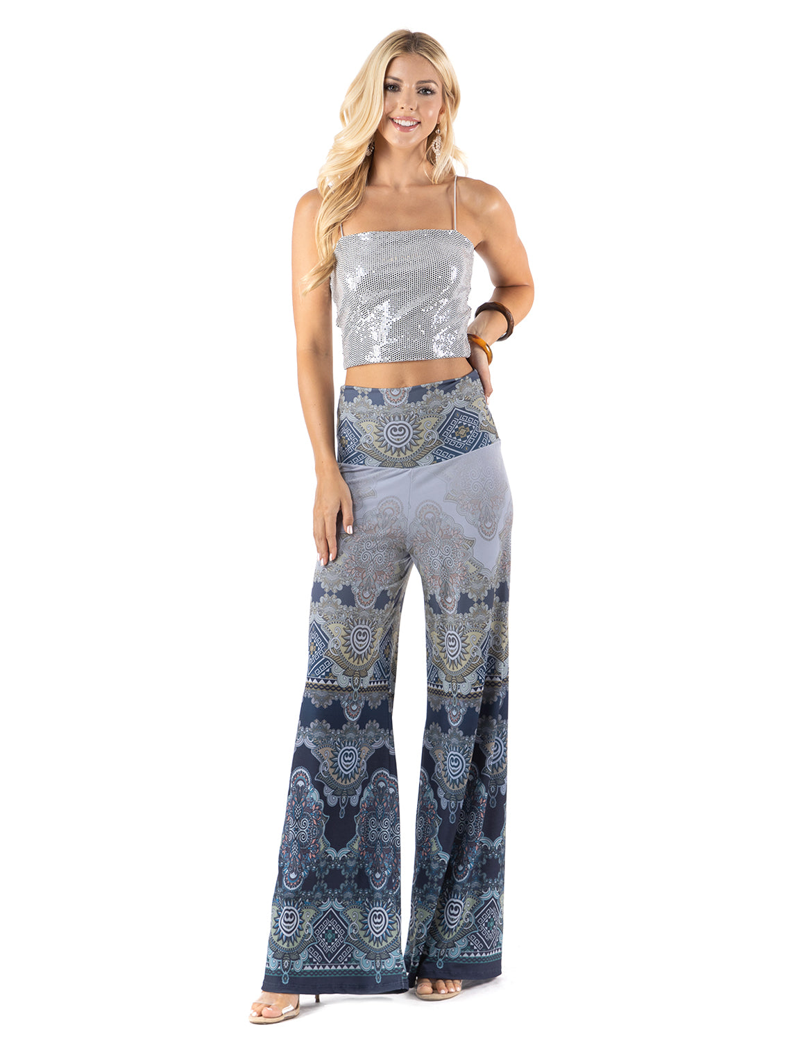 High Waist Palazzo Pants with Blue Ornament Tribal Print
