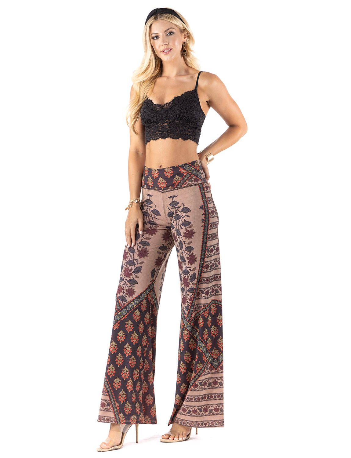 Brown Multi Floral High Waist Palazzo Pants with Wide Legs