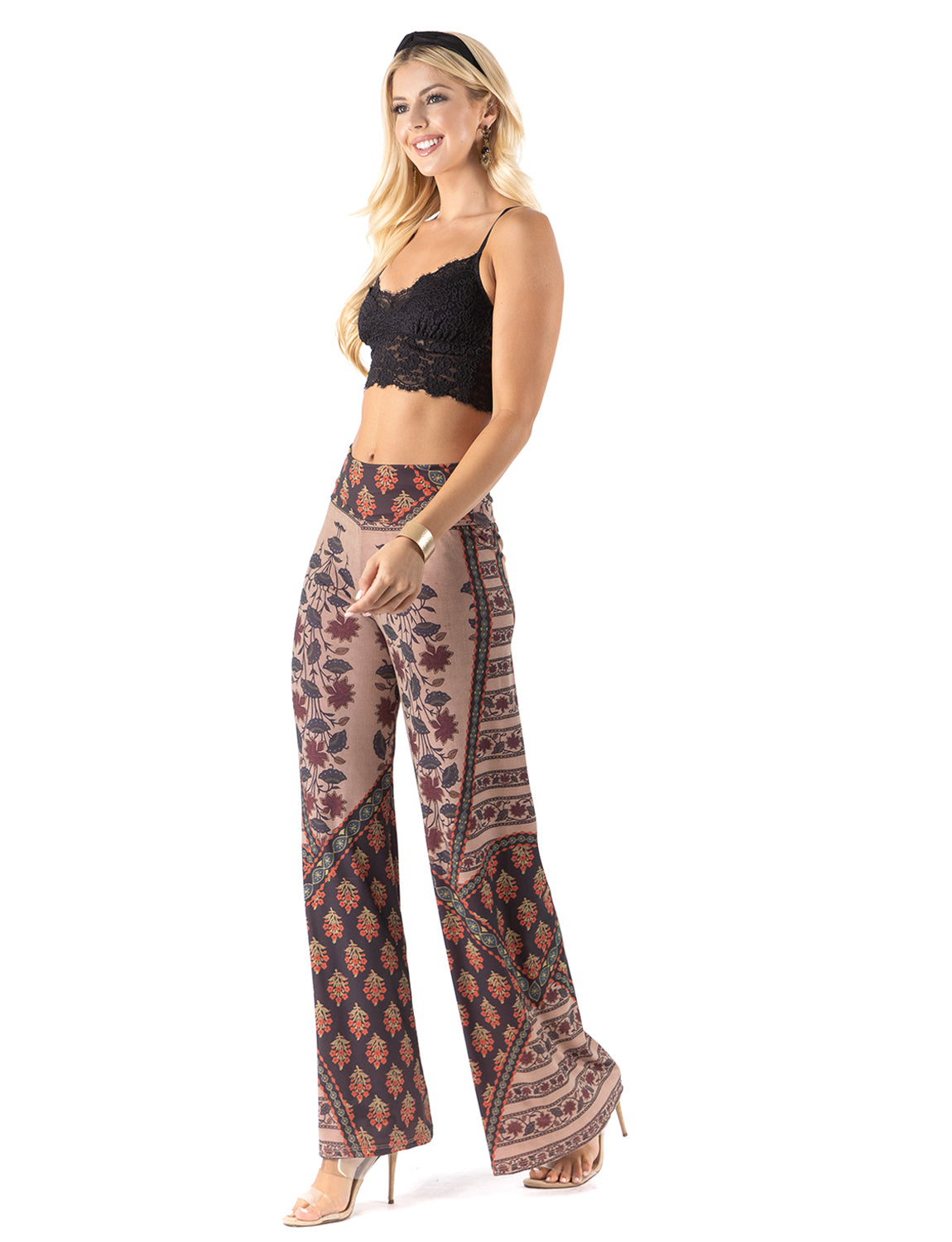 Brown Multi Floral High Waist Palazzo Pants with Wide Legs