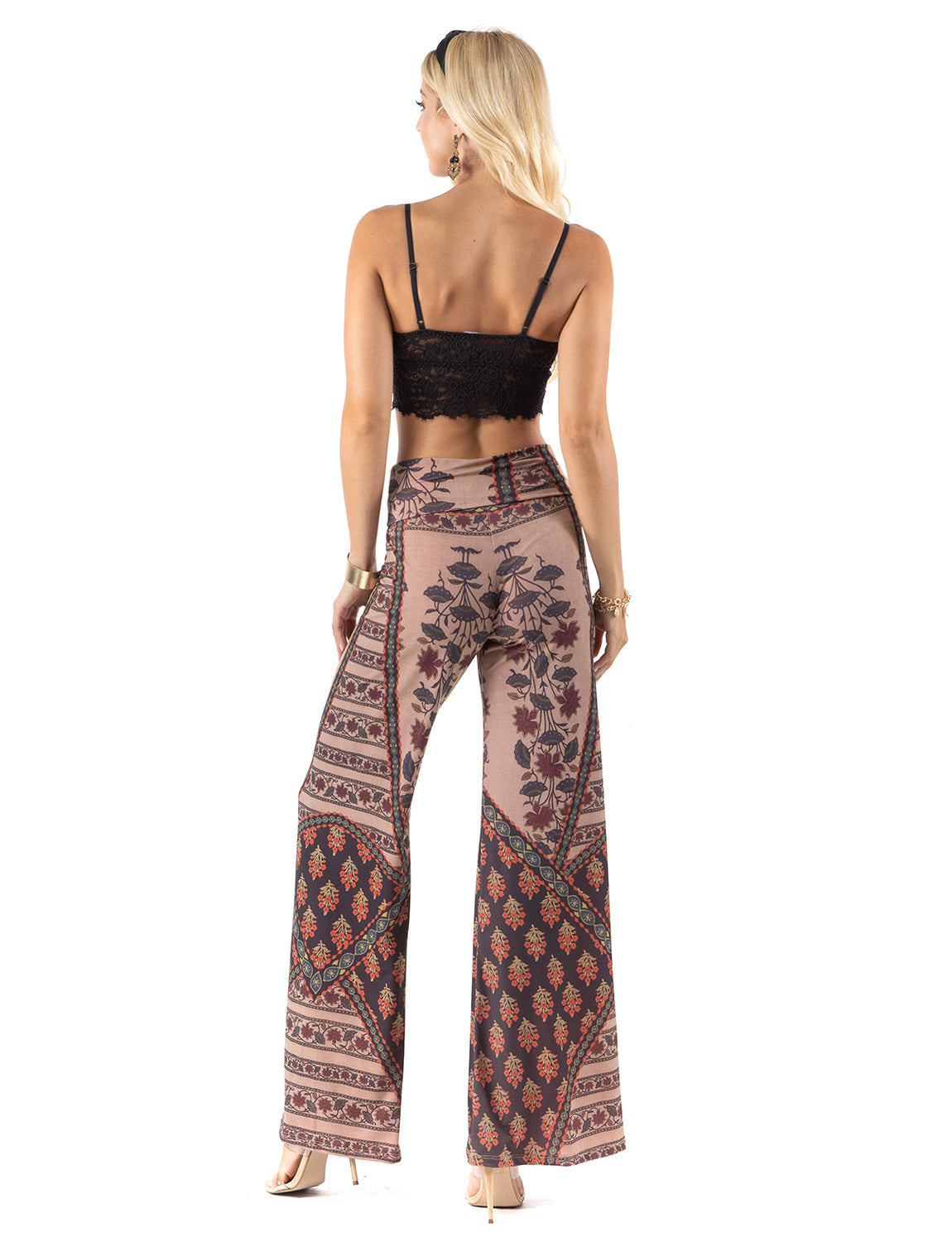 Brown Multi Floral High Waist Palazzo Pants with Wide Legs