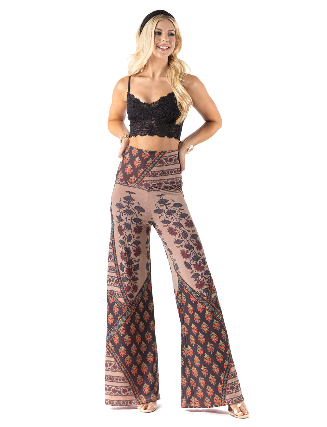 Brown Multi Floral High Waist Palazzo Pants with Wide Legs
