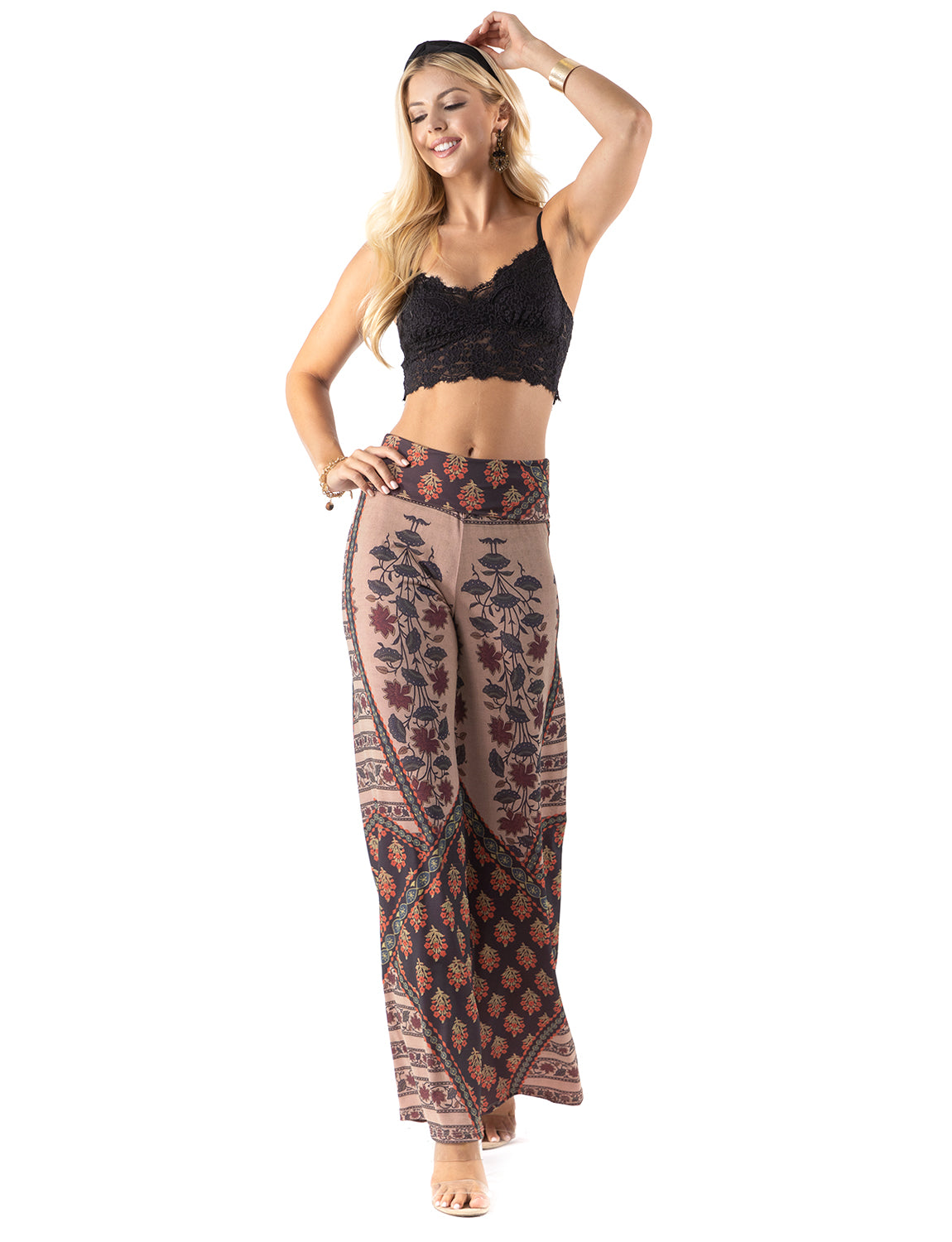 Brown Multi Floral High Waist Palazzo Pants with Wide Legs